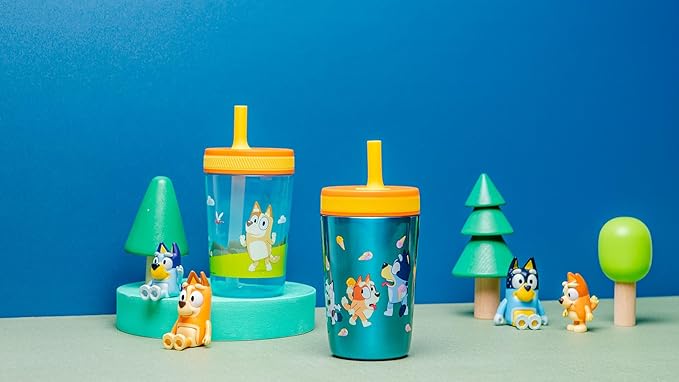 Zak Designs Bluey Kelso Tumbler Set, Leak-Proof Screw-On Lid with Straw, Bundle for Kids Includes Plastic and Stainless Steel Cups with Bonus Sipper, 3pc Set (Pack of 12)
