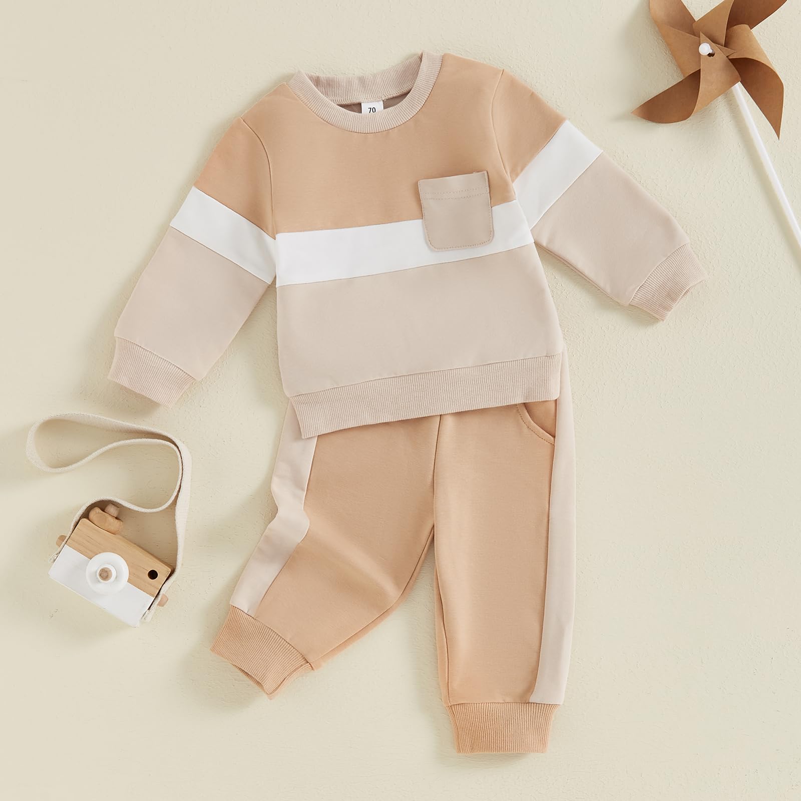 Lucikamy Toddler Baby Boy Fall Outfits Long Sleeve Crew Neck Pullover Sweatshirt + Jogger Pants Set Infant Winter Clothes (B-Khaki Apricot, 6-12 Months)