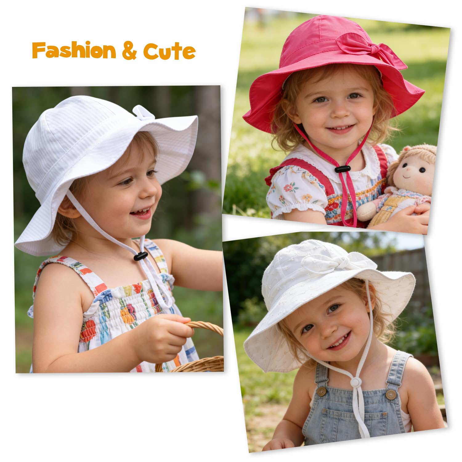 Baby Girl Sun Hat with UPF 50+ Outdoor Adjustable Beach Hat with Wide Brim Bucket Hats (12-24 Months, White-Stripe 1pcs)