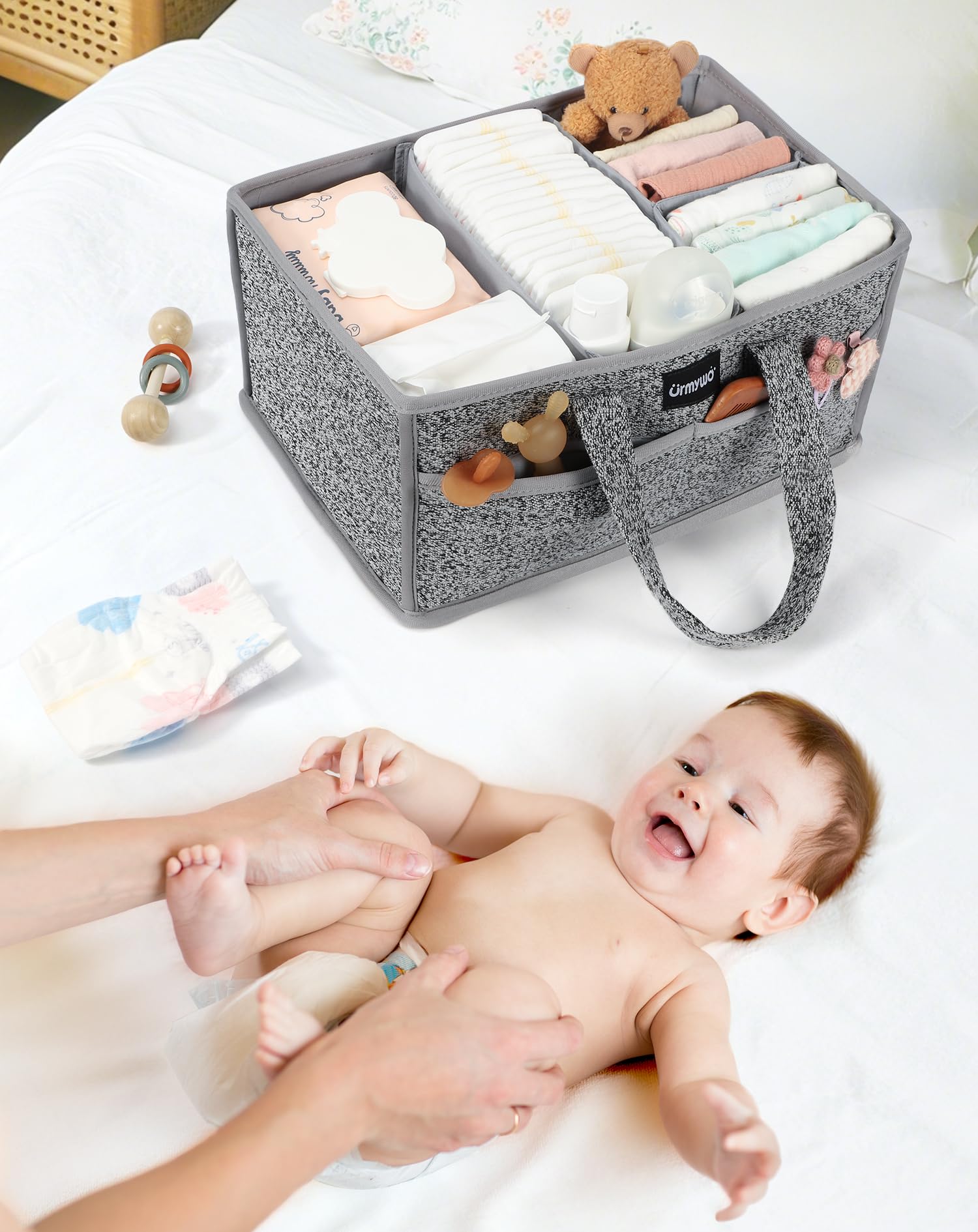 URMYWO Diaper Caddy Organizer - Portable Baby Diaper Caddy with Handle, Large Nursery Organizer Storage Basket for Newborn Essentials, Baby Registry Must Have Shower Gift for Home and Car Travel