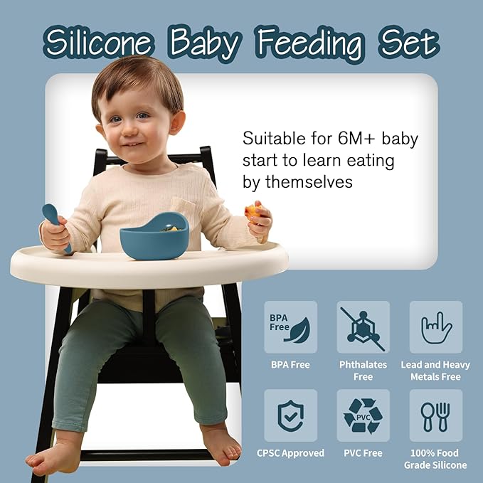 Baby Led Weaning Supplies, 8 Piece BPA-Free Silicone Feeding Set, Silicone Suction Bowl, Forks & Spoons, Bib & Cup, Develops Self Feeding Skills, Dishwasher Safe, for 6+ Months (Blue)