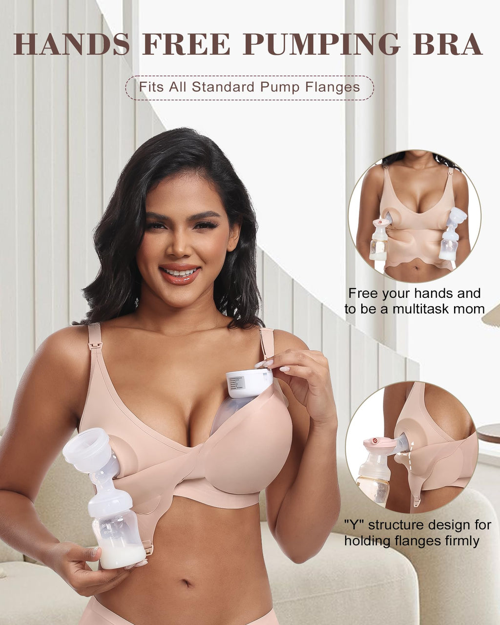 As Fairy Wireless Seamless Pumping Bra Hands Free Nursing Bra Wirefree Comfort Wearable Breast Pump Bras (Nude S Plus)