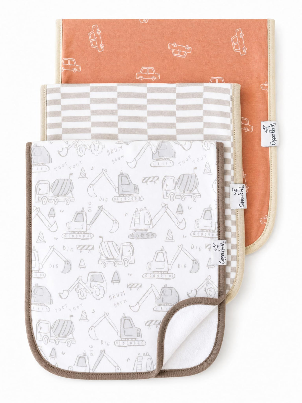 Copper Pearl Premium Baby Burp Cloths - 3-Pack Large Cotton Burp Cloths, Extra Soft Spit Up Rags with 3 Absorbent Layers, Perfect for Baby Boy and Baby Girl Gifts (21" x 10" Size, Archer Set)