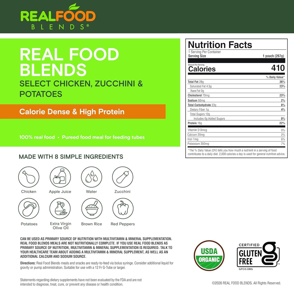 Real Food Blends Select Chicken, Zucchini & Potatoes – Pureed Food Meal for Feeding Tubes, 9.4 oz Pouch (Pack of 12 Pouches)