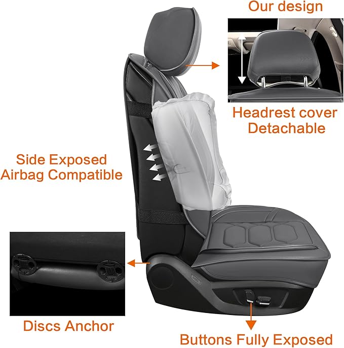 Pariitadin Leather Car Seat Covers Front Pair, Waterproof Breathable Faux Leather Automotive Seat Covers for Cars, Non-Slip Car Interior Covers Universal Fit Most Cars Sedans Trucks SUVs, Gray