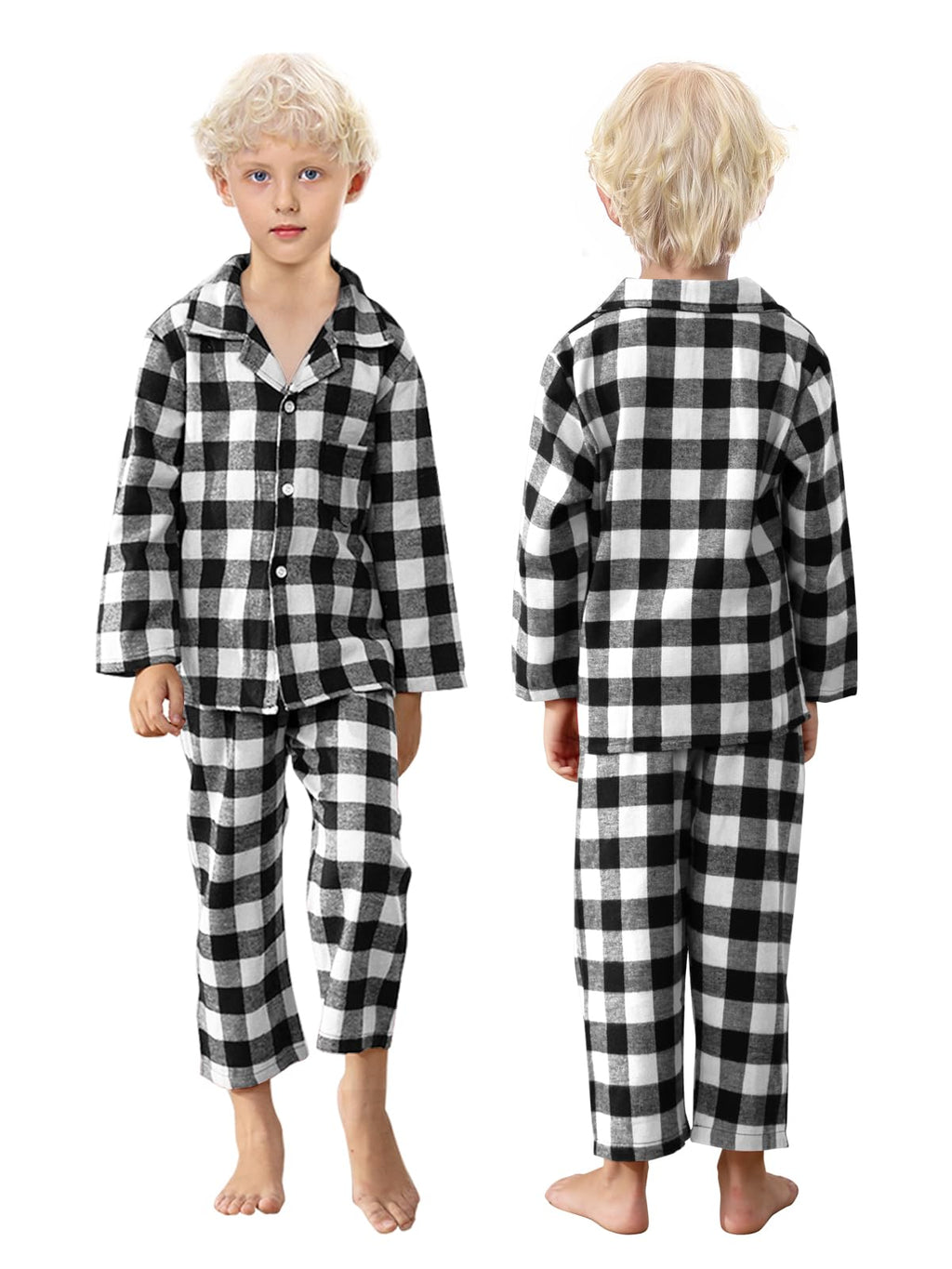 Schbbbta Kids Christmas Pajamas Set Boys Girls 2 Piece Button Down Sleepwear Pjs Outfits, Black White, 5-6 Years = Tag 130