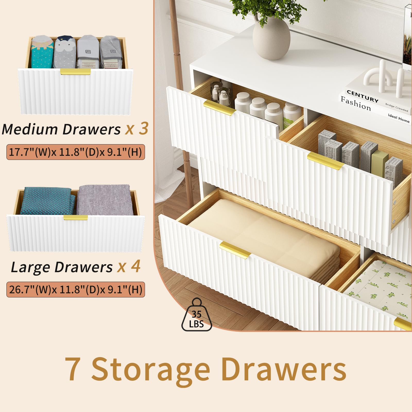 Sscaktu 7 Drawer Fluted Dresser with Deep Drawers for Bedroom, White丨55 Wide Mid Century Dresser, Modern Chest of Drawers, Wood TV Stand Storage Organizer for Closet, Living Room, Hallway
