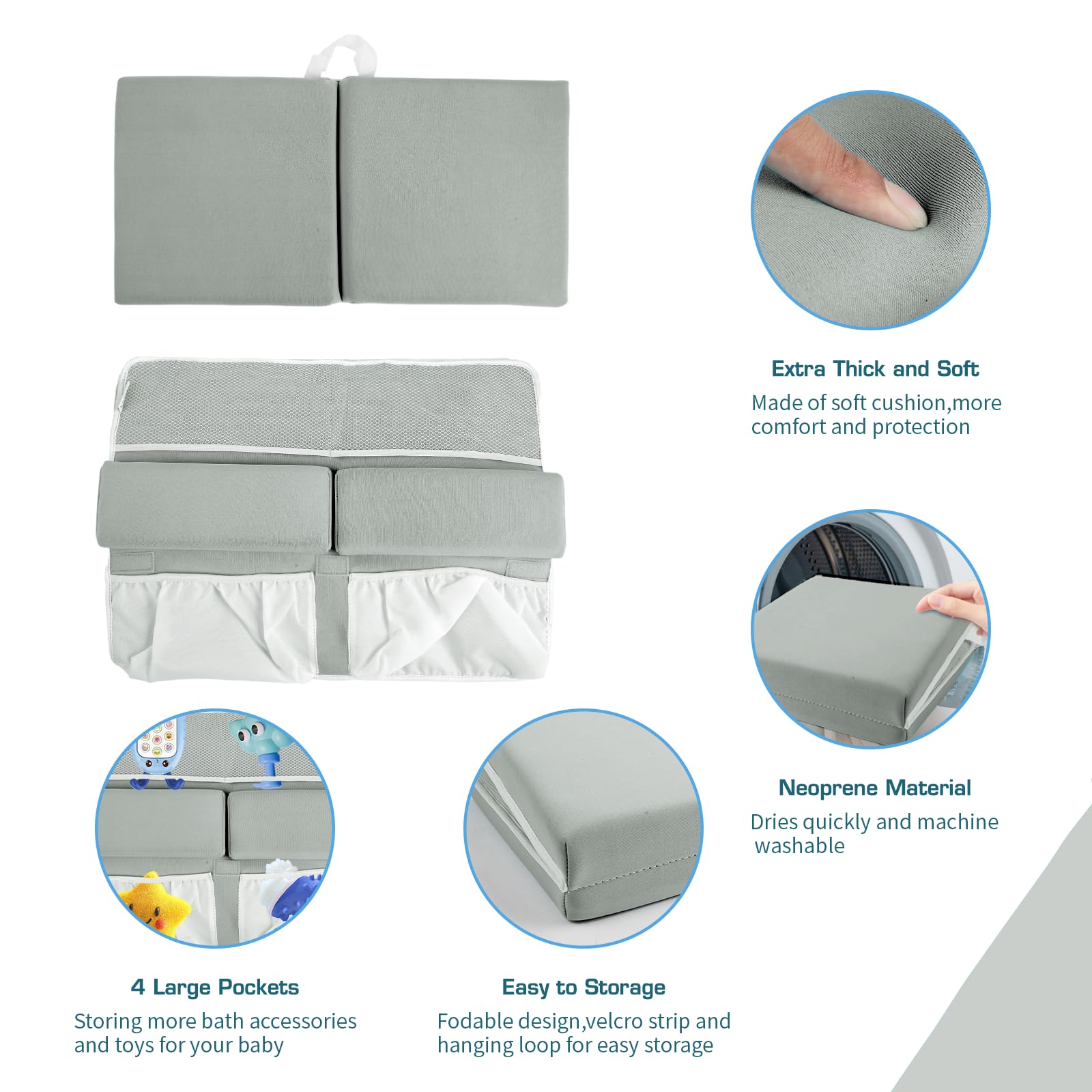 OFiSEXPT Bath Kneeler and Elbow Rest Pad, Thick Quick Dry Kneeling Pad, Elbow Support, Large Bathtub Kneeling Mat with Toy Organizer for Baby Bathing (Grey)