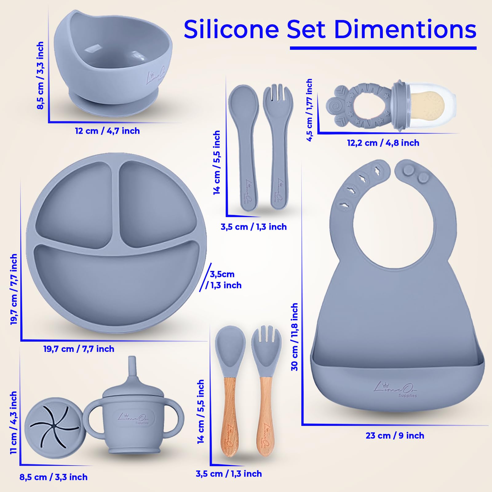 Silicone Baby Feeding Set, Suction Plates Bowls Bibs for Self Feeding –Gray