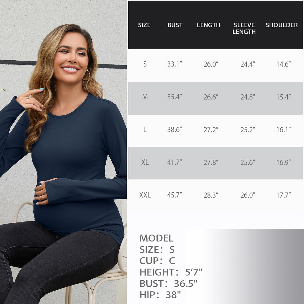 GINKANA Maternity Workout Tops Long Sleeve Scoop Neck Pregnancy Yoga Shirts Thumb Holes Mama Clothes,Dark Blue,M