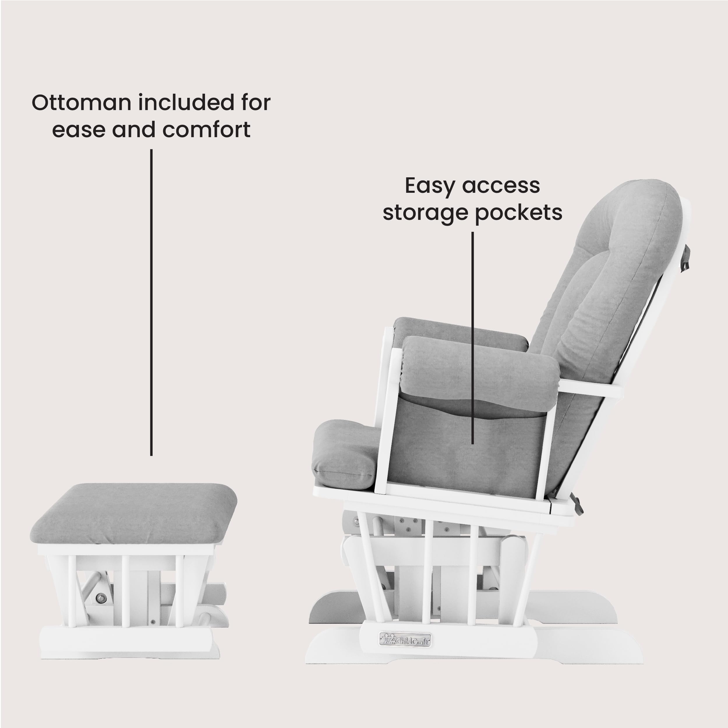 Child Craft Cozy Glider Rocker and Ottoman Set, Smooth Quiet Gliding Motion, Padded Cushion with Convenient Storage Pockets, Solid Wood Base & Frame (Matte White with Light Gray Cushion)
