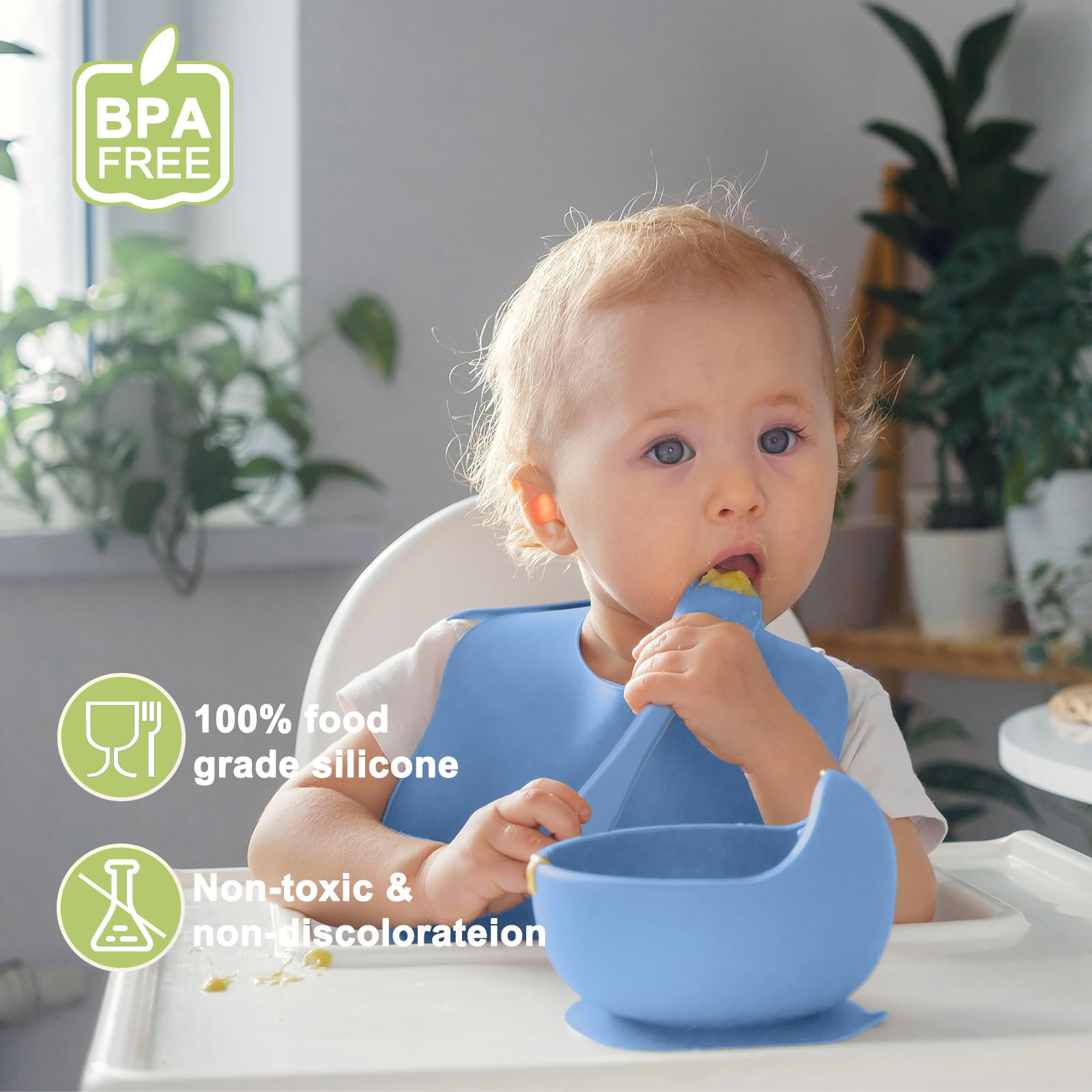 Munlinder Silicone Baby Feeding Set | Baby Led Weaning Supplies Includes Suction Bowls and Divided Plates, Adjustable Bib, Baby Utensils Spoons and Forks,Cup | Baby Feeding Essentials (Deep Blue)