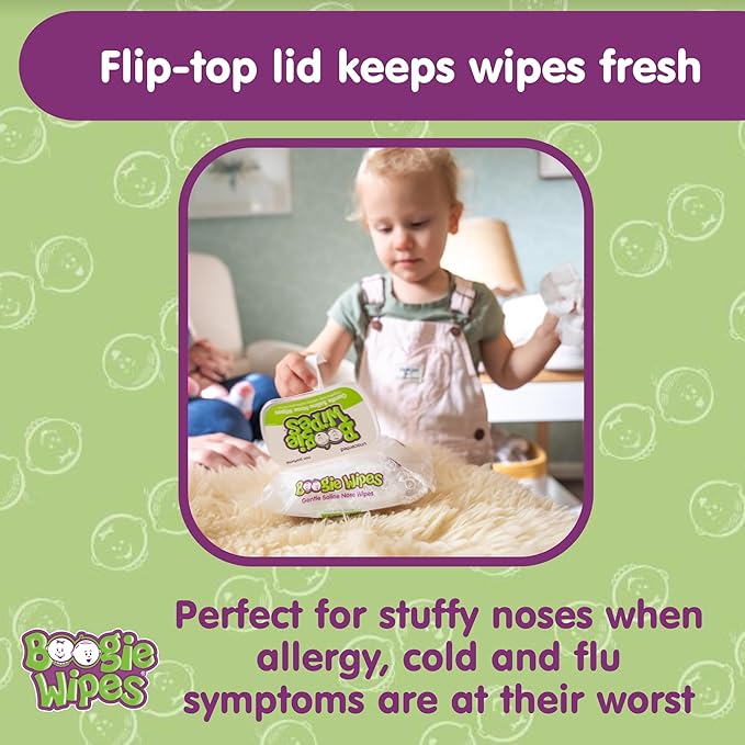 Saline Nose Wipes by Boogie, for Baby & Kids, Face, Hand & Body, Made with Vitamin E, Aloe, and Natural Saline, Unscented, 30 Count (Pack of 12)