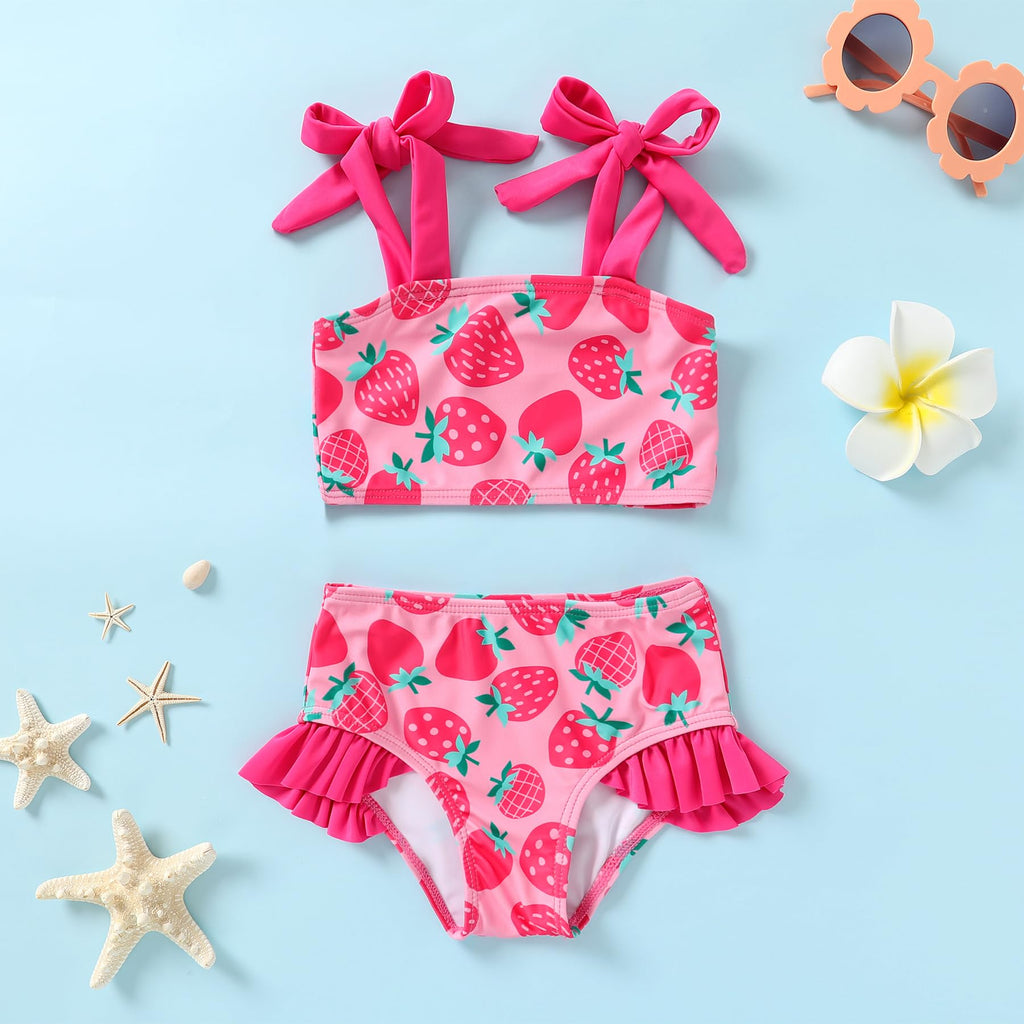 YOUNGER TREE Toddler Girls Two Pieces Swimsuit Color Block Stripe Swimwear Summer Beach Bathing Suit (Pink#Strawberry 18-24 Months)