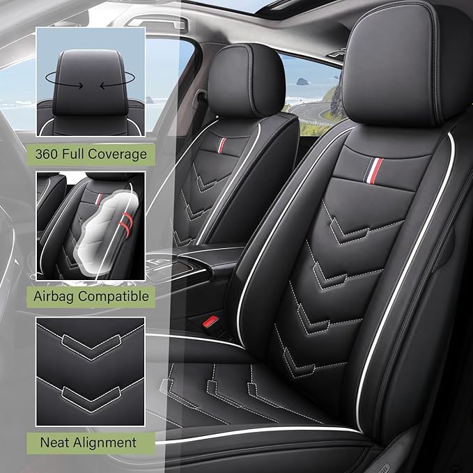 Leather Car Seat Covers Fit for LR Defender 2020-2025, 5 Seater Waterproof and Wear-Resistant Seat Cover Interior Accessories(Full Set,Black&White)