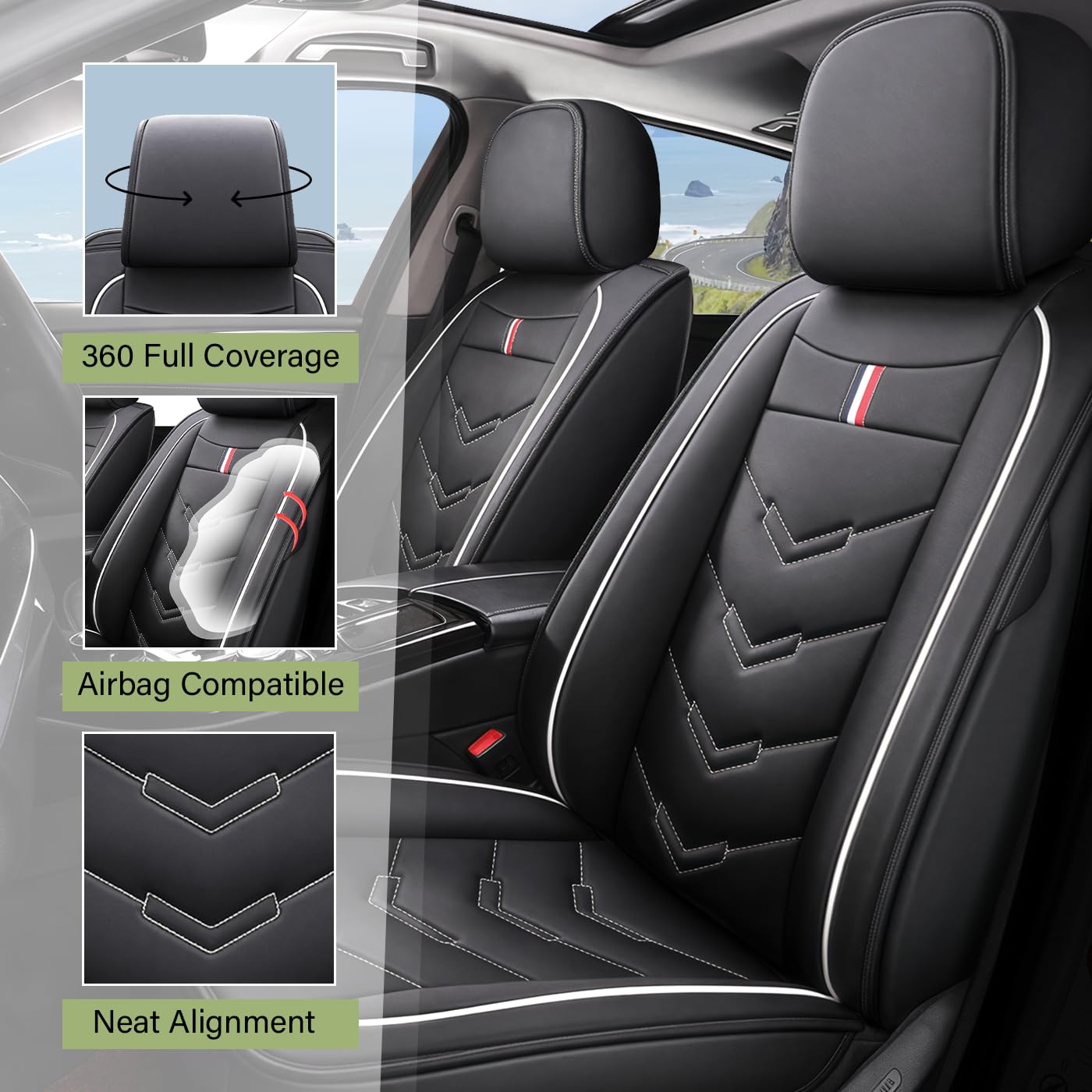 TENDER GLOW Leather Car Seat Covers Fit for LR Range Rover Sport 2023-2025, 5 Seater Waterproof and Wear-Resistant Seat Cover Interior Accessories(Full Set,Black&White)