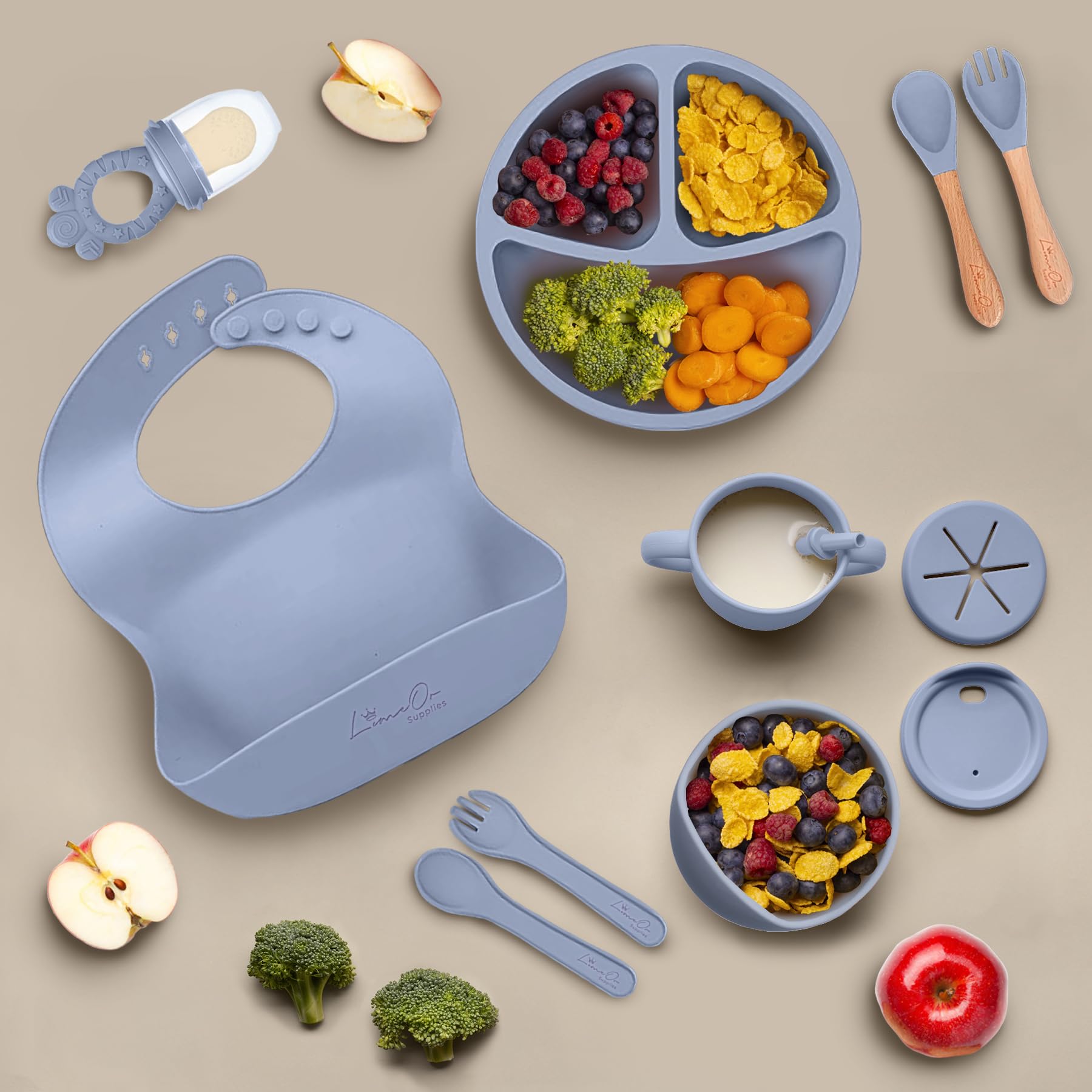 Silicone Baby Feeding Set, Suction Plates Bowls Bibs for Self Feeding –Gray