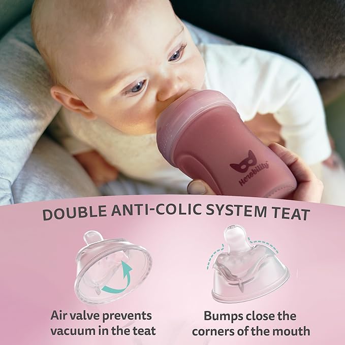 Herobility Glass Baby Bottle - 7.8 fl oz/220 ml - 3 Pack | Heat Sensing Color-Changing Bottle with Double Anti-Colic Nipple - Silicone Coating - Breastlike Nipples for Newborn Babies - Teal Color