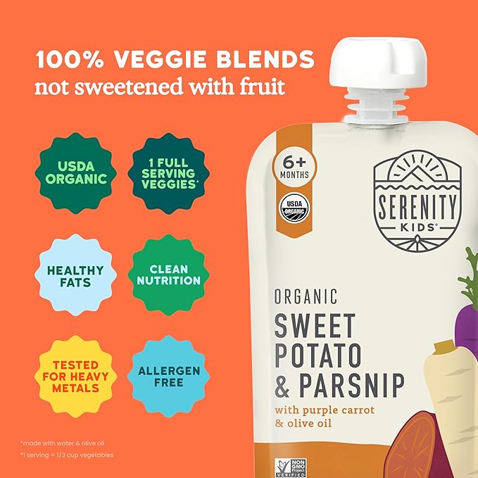 Serenity Kids 6+ Months Baby Food Pouches Veggie Puree - Sweet Potato & Parsnip - BPA-Free & USDA Organic Baby Food - No Added Sugar - Allergen Free - 3.5 Oz, 6 Pack