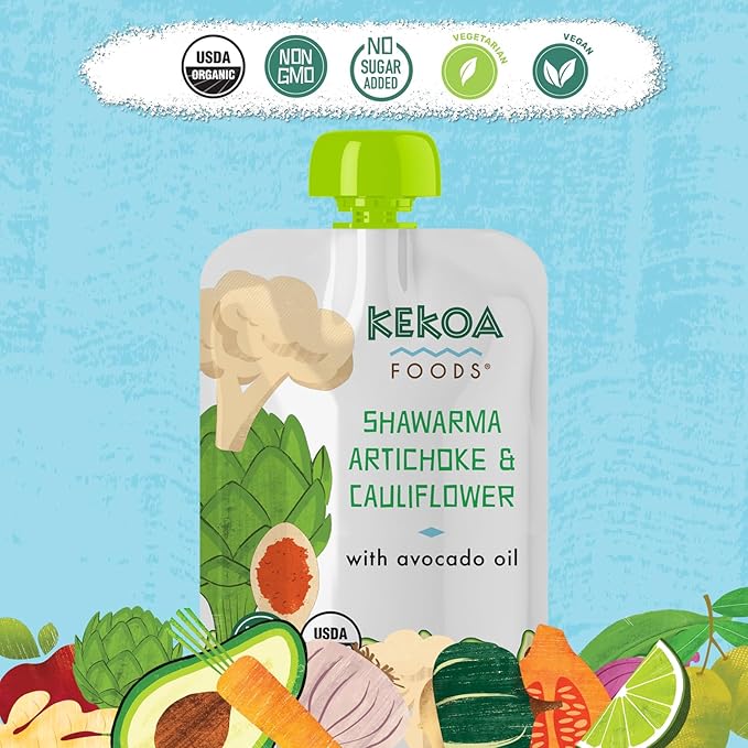 Kekoa Foods Shawarma, Artichoke & Cauliflower Baby Food Purée | 100% USDA Certified-Organic Vegetarian | Organic, Non-GMO, Gluten-Free, Vegan | Flavorful & Nutritious First Food for Babies | 3.5 oz