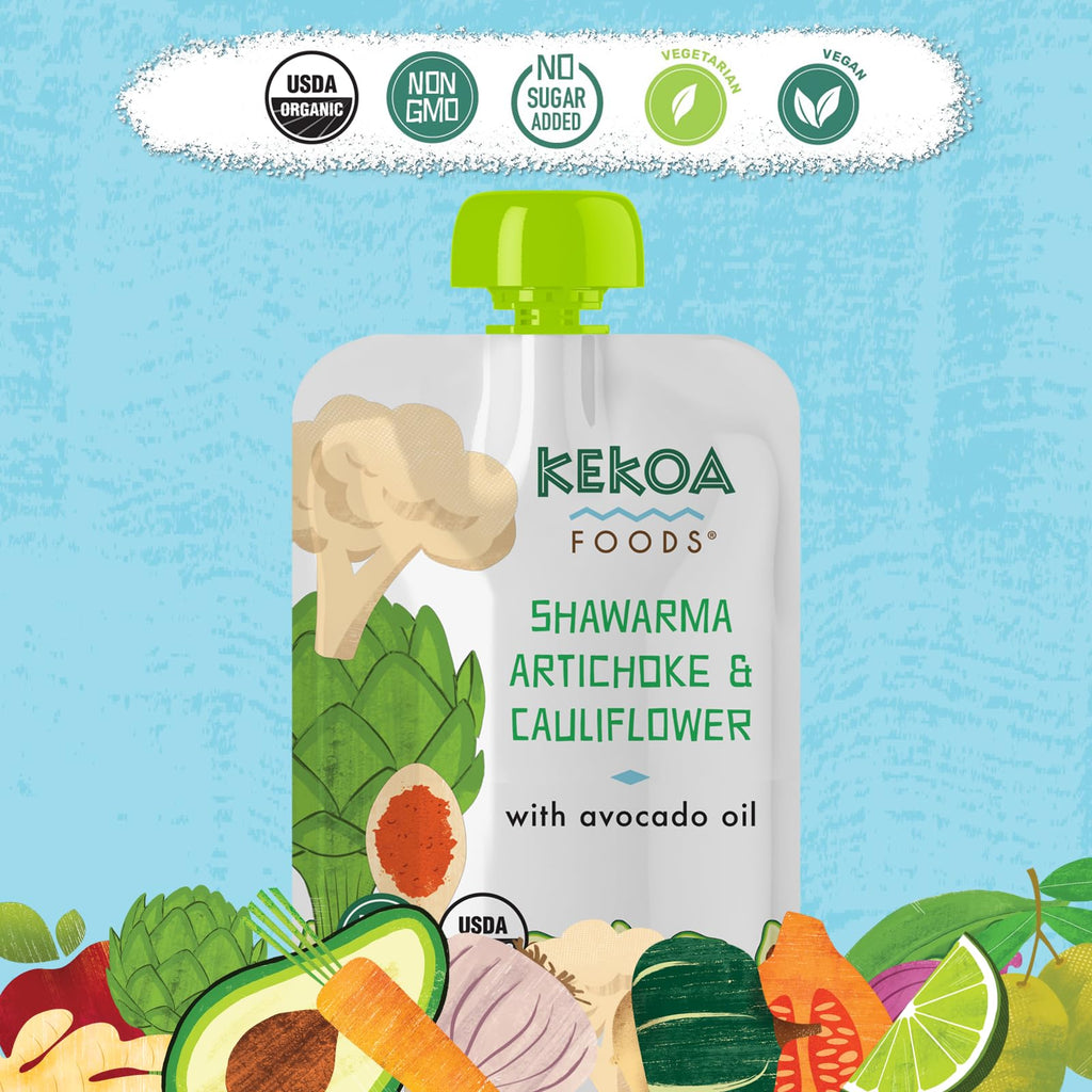 Kekoa Foods Shawarma, Artichoke & Cauliflower Baby Food Purée | 100% USDA Certified-Organic Vegetarian Squeeze Pouch | Organic, Non-GMO, Gluten-Free, Vegan | Nutritious First Food for Babies | 3.5 oz