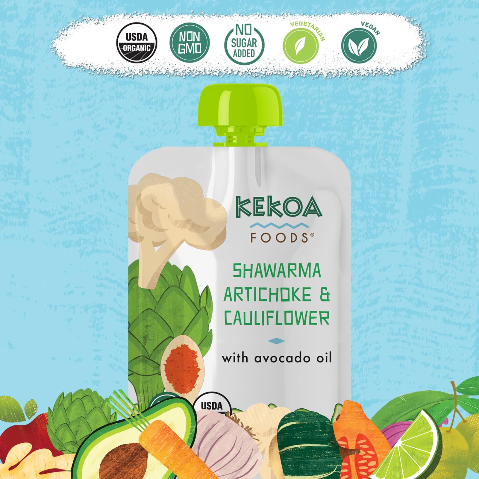 Kekoa Foods Shawarma, Artichoke & Cauliflower Baby Food Purée | 100% USDA Certified-Organic Vegetarian Squeeze Pouch | Organic, Non-GMO, Gluten-Free, Vegan | Nutritious First Food for Babies | 3.5 oz