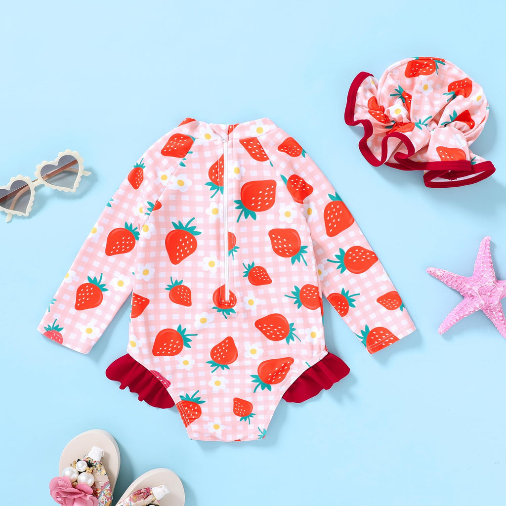Infant Baby Girl Swimsuit One-Piece Long Sleeve Rash Guard with Hat Set Floral Zipper Bathing Suit Leopard Beach Wear(Pink#Strawberry 12-18 Months)