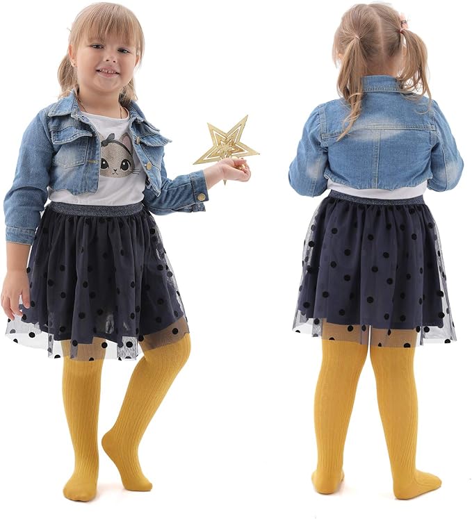 EPEIUS Baby & Toddler Girls Cable Knit Tights - Solid Cotton Stockings, Seamless Footed Leggings, 3 Pair Pack, Black/Gold/Ivory