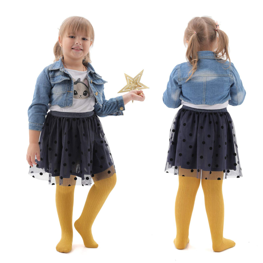 EPEIUS Baby Tights Toddler & Little Girls Cable Knit Tights Solid Cotton Stockings Seamless Footed Leggings Pantyhose Dress Tights Clothes 6-8 Years,3 Pair Pack,Black/Gold/Ivory