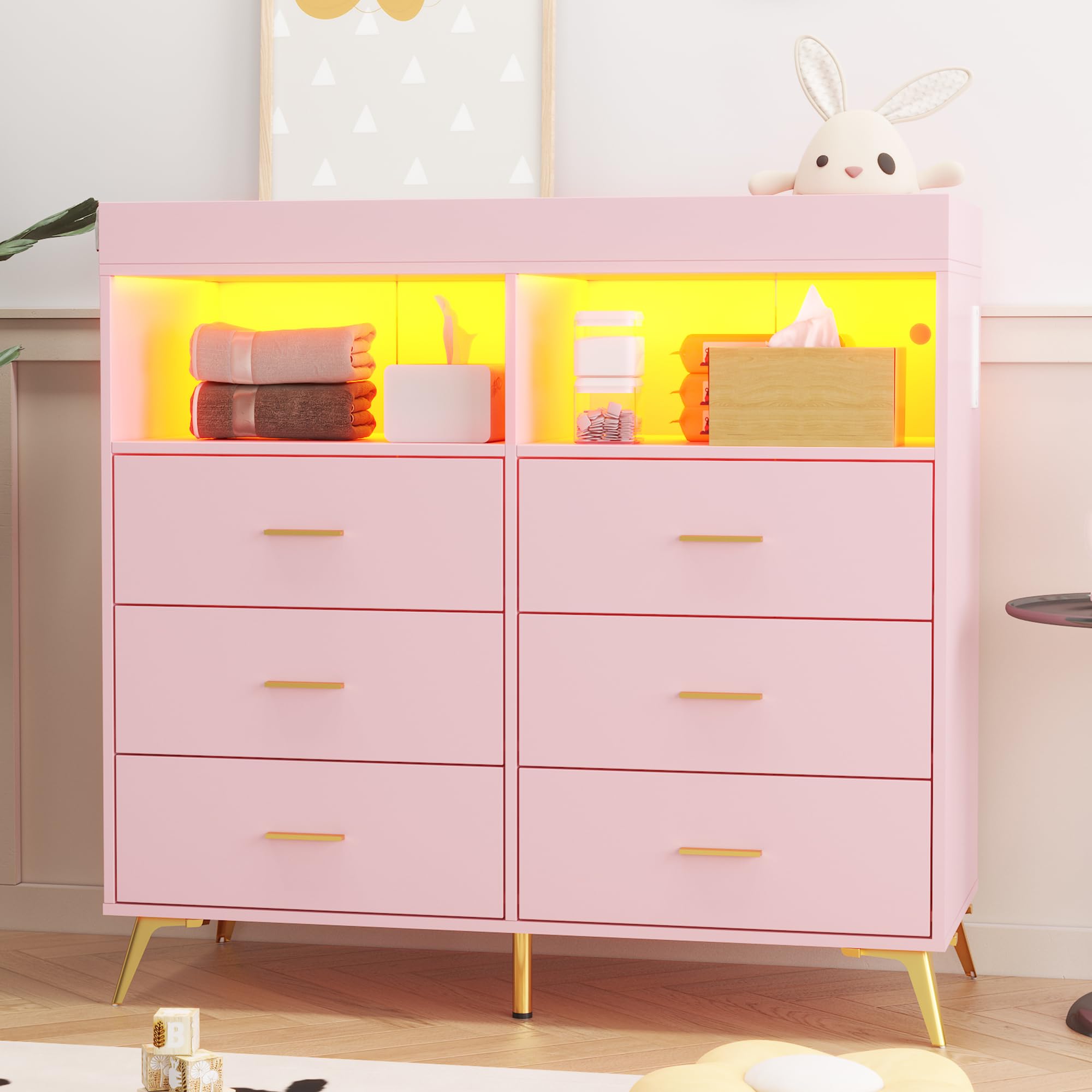 GarveeHome Dresser for Bedroom with 6 Drawers, Baby Changing Table Dresser with Changing Pad, LED Lights & Charging Station, Baby Changing Station with Changing Table Top (Pink)
