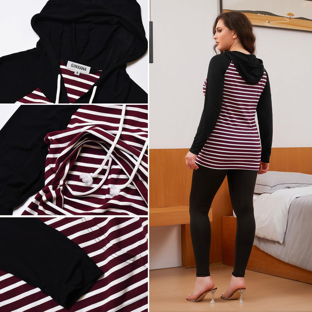 GINKANA Womens Nursing Hoodie Sweatshirt Maternity Pullover Long Sleeve Breastfeeding Top,Black/Burgundy Red White Stripe+Gery with Black,XXL