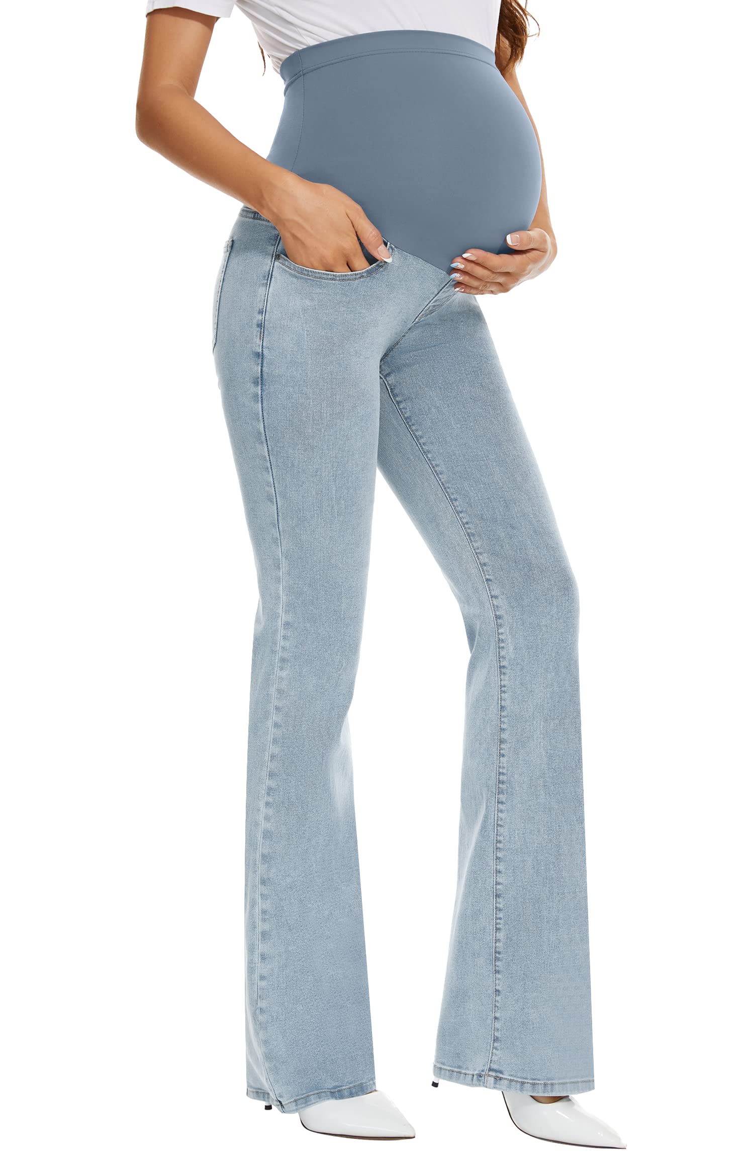 GLAMIX Women's Stretch Maternity Bootcut Jeans with Pockets Over The Belly Bell Bottoms Flare Denim Pants Pregnancy Clothes(Light Blue, M)
