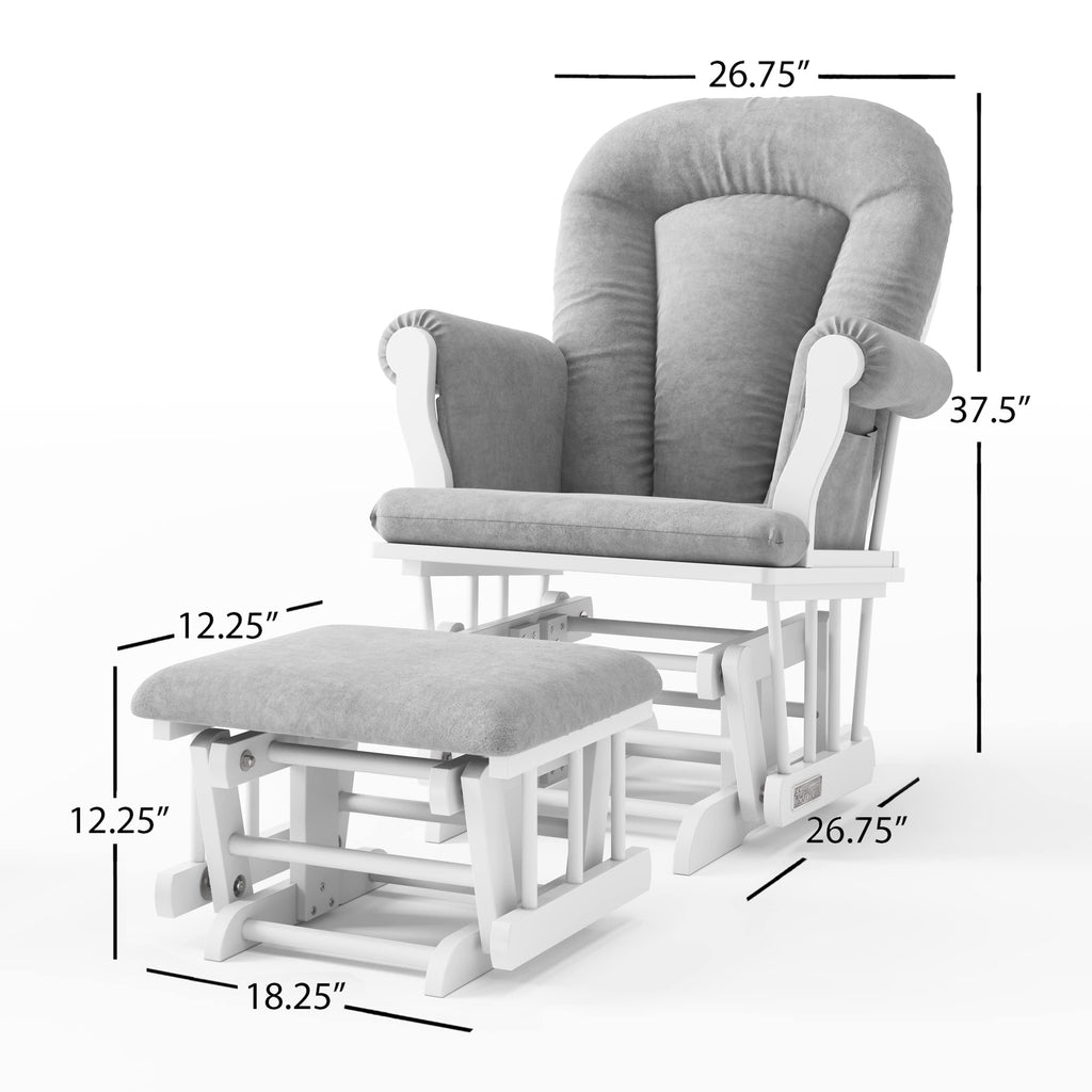 Child Craft Cozy Glider Rocker and Ottoman Set, Smooth Quiet Gliding Motion, Padded Cushion with Convenient Storage Pockets, Solid Wood Base & Frame (Matte White with Light Gray Cushion)