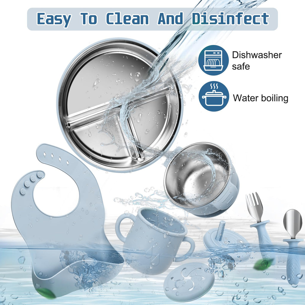 MISSLILI Stainless Steel Kids Plates and Bowls Set with Suction - (Blue)
