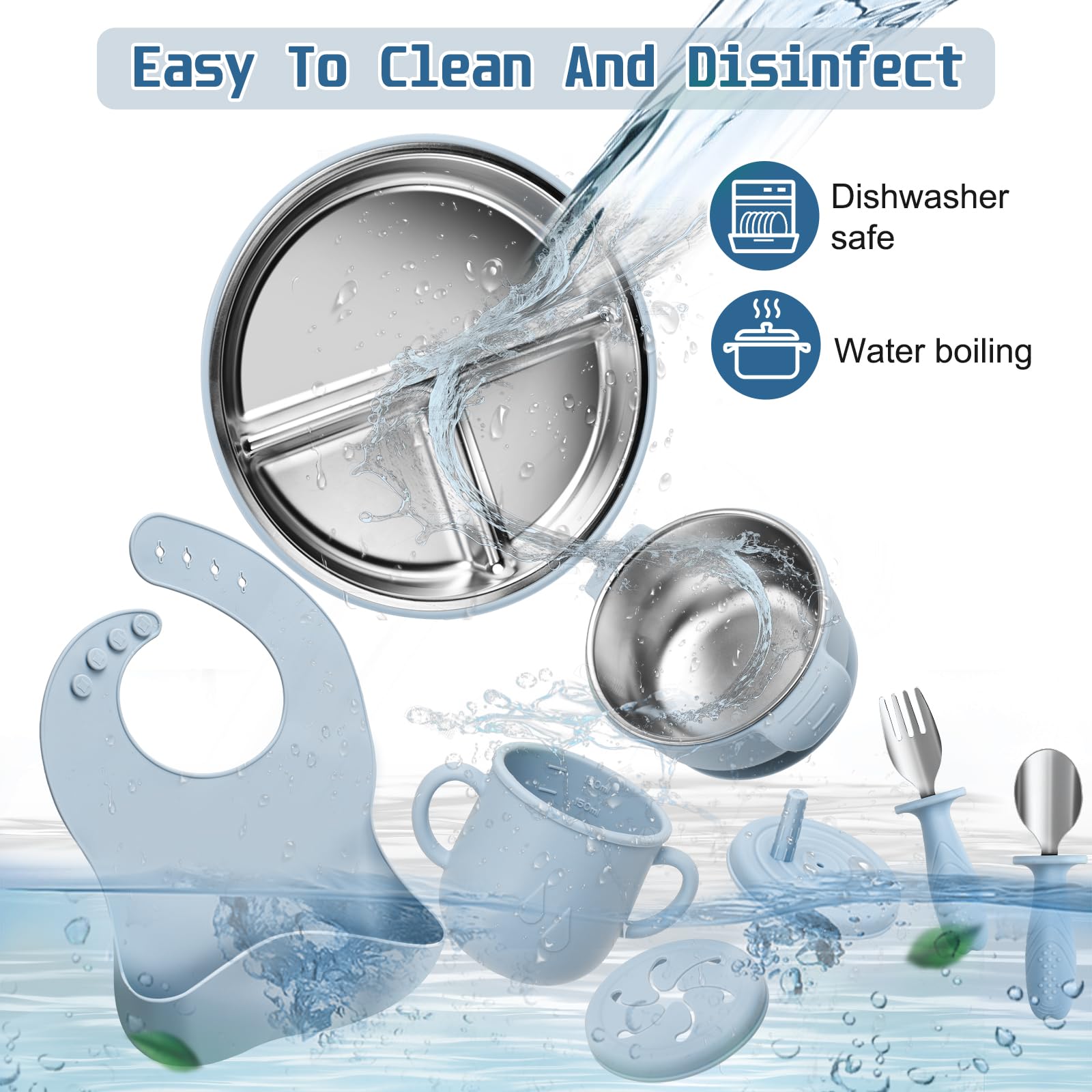 MISSLILI Stainless Steel Kids Plates and Bowls Set with Suction - (Blue)