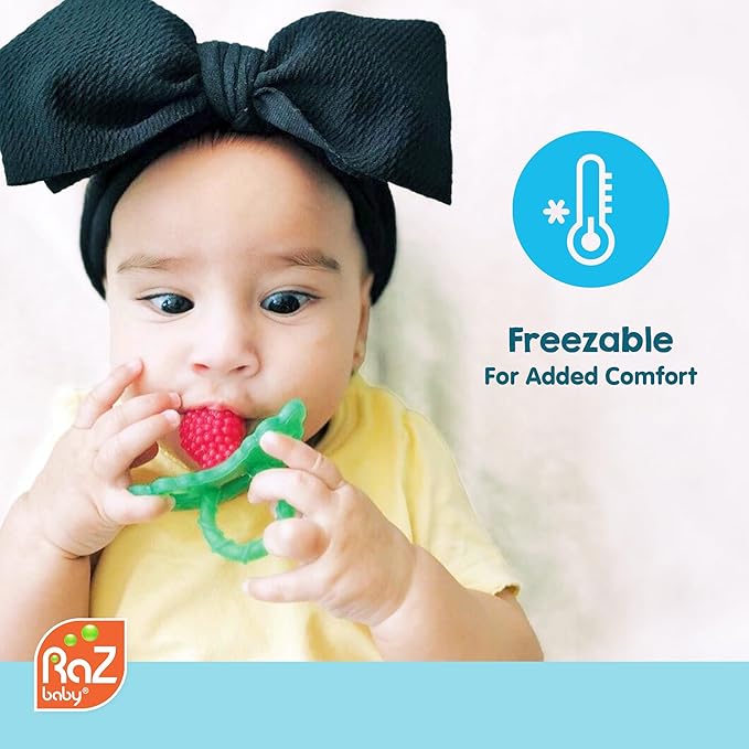 RaZbaby RaZberry Silicone Teether Pacifier – Teething Relief for Infants, Food-Grade, BPA-Free, Hands-Free Design, Natural Berrybumps Fruit Texture for Sensory Development, Freezable – Light Blue