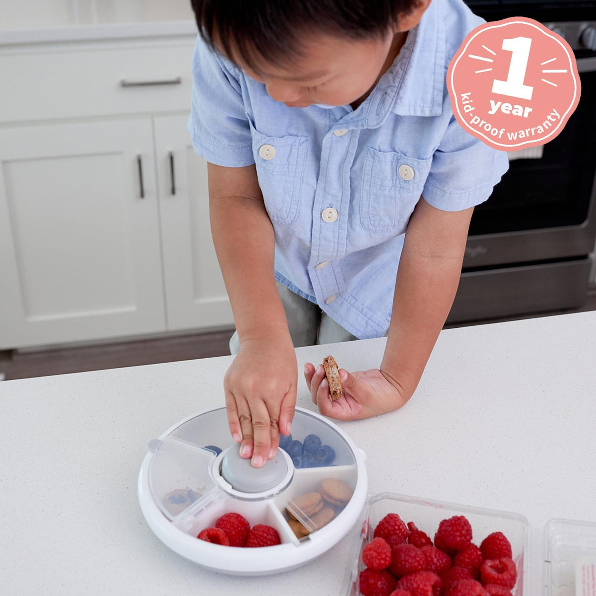 GoBe Kids Small Snack Spinner Slide Bundle with Hand Strap and Sticker Sheet - Reusable Snack Container with 5 Compartment Dispenser and Lid | BPA/PVC Free | Dishwasher Safe | No Spill - Coral Pink