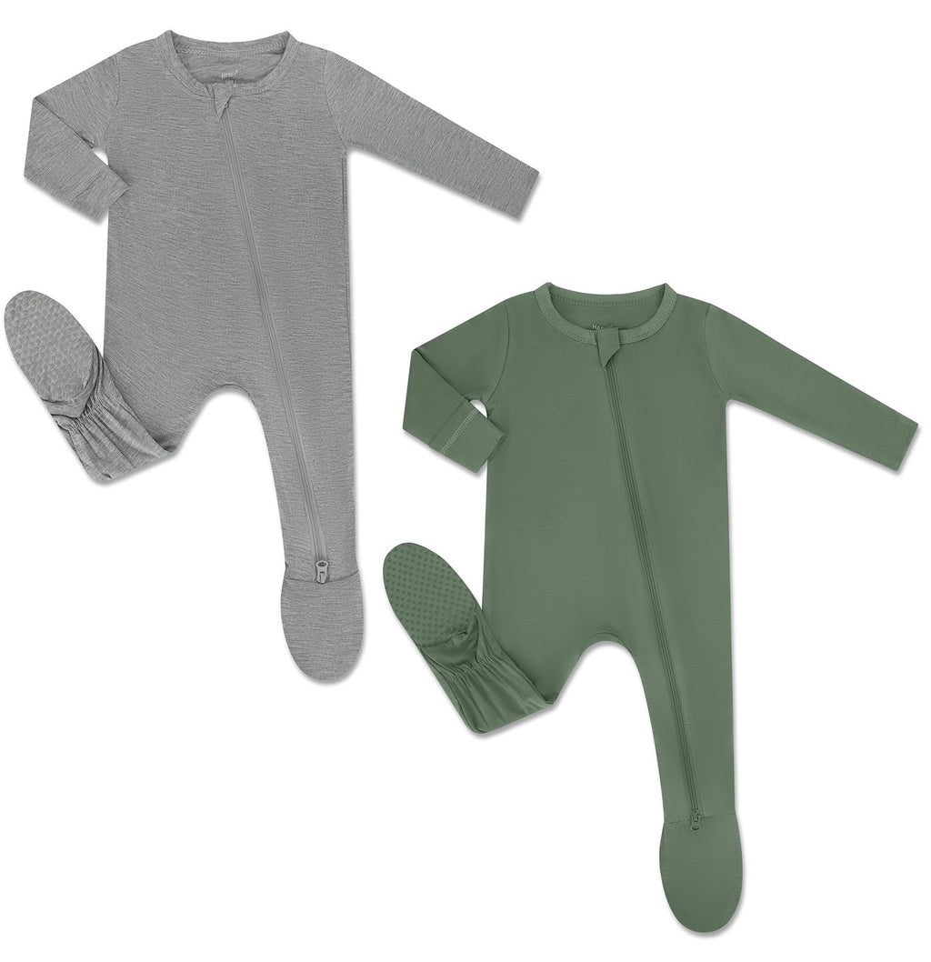 HAPIU Rayon from Bamboo Baby Footed Pajamas, 2 Way Zipper YKK, Footie for Baby Boy Girls, Newborn-24 Months, 2-Pack, Light Heather Grey&Dark Forest Green, Newborn