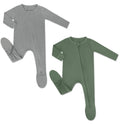 HAPIU Rayon from Bamboo Baby Footed Pajamas, 2 Way Zipper YKK, Footie for Baby Boy Girls, Newborn-24 Months, 2-Pack, Light Heather Grey&Dark Forest Green, Newborn