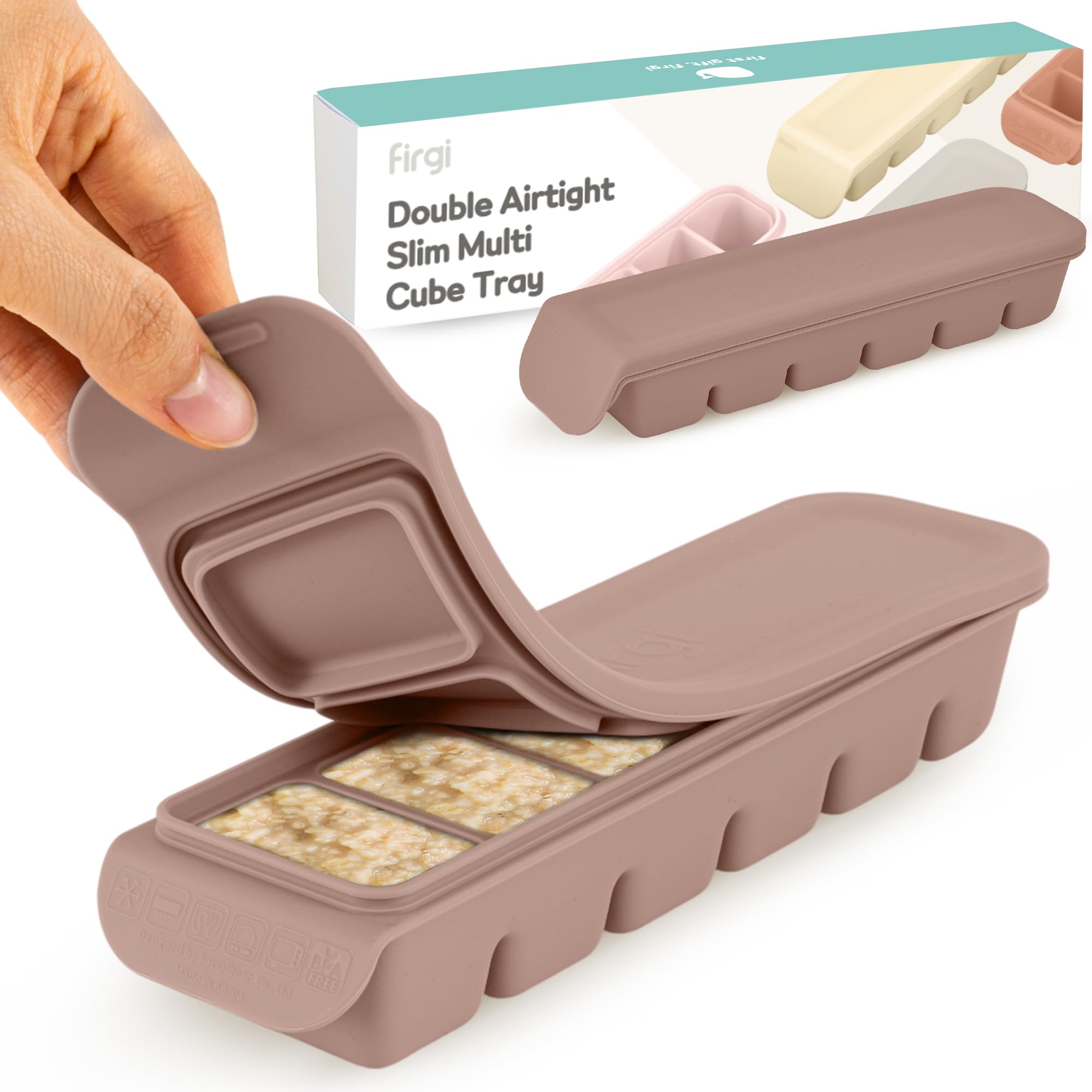 Firgi Silicone Ice Cube Freezer Tray with Lid, 100% Food-Grade Platinum Silicone,Leak Resistance & Dishwasher Safe for Baby Food Prep,Breast Milk,Purees - Korean Made (Brown 2-Pack 1 oz/6 Sections)