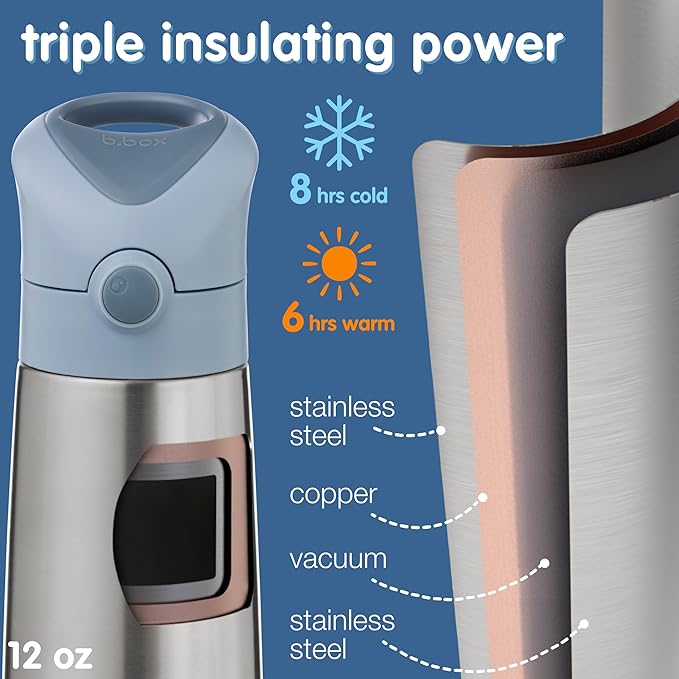 b.box 12 oz Insulated Water Bottle: Keeps Drinks Cold up to 8 Hours, Warm up to 6 Hours. Double Wall Stainless Steel Bottle. (Strawberry Shake, 12 oz)
