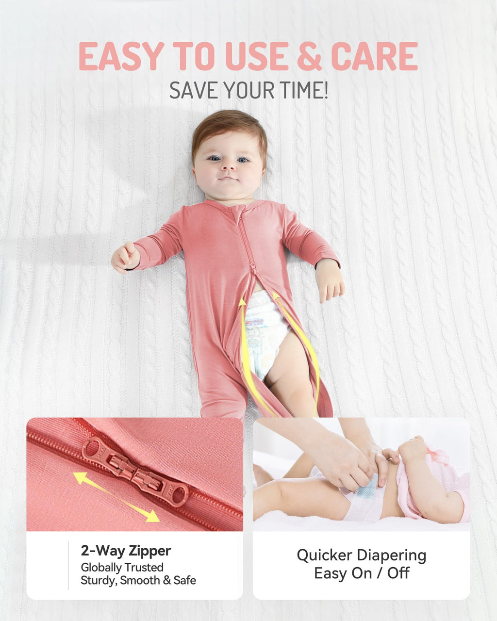 HAPIU Rayon from Bamboo Baby Footed Pajamas, 2 Way Premium Zipper, Footie for Baby Boy Girls, Newborn-24 Months, 2-Pack, Strawberry Ice&Grasse Rose, Newborn