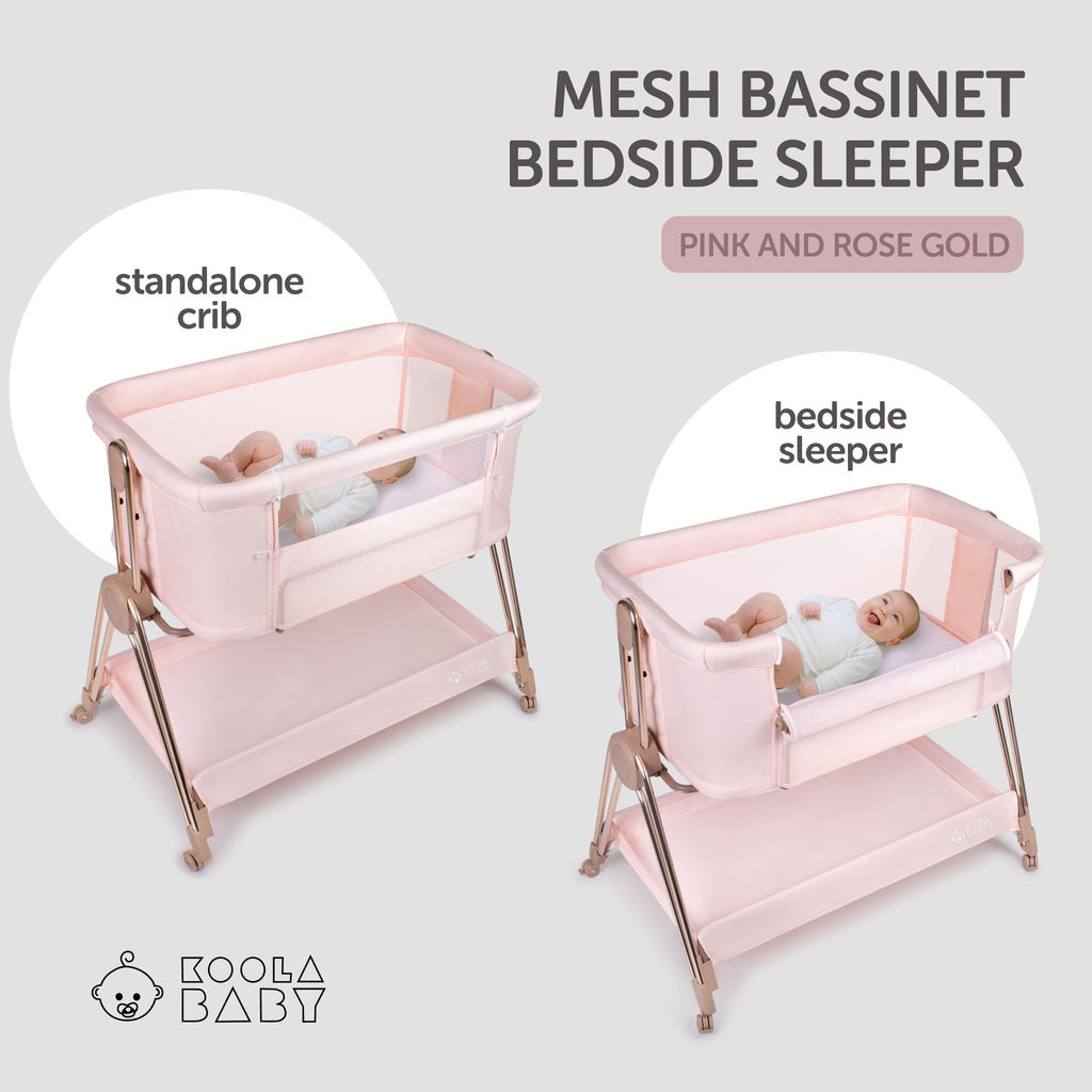 KOOLABABY Baby Bedside Sleeper - Bassinet & Bedside Crib with Height Adjustment & Wheels - Can Be Placed Next to Bed - Attaches to Parents Bed - Easy to Fold & Carry Bassinet for Girls (Pink)