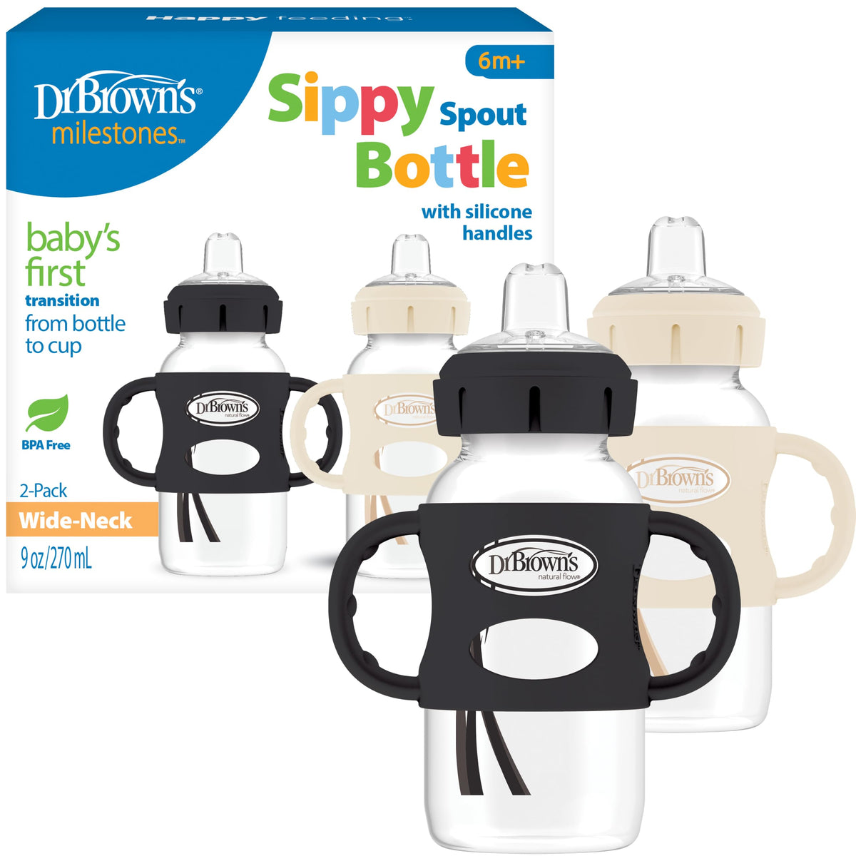 Dr. Brown's Wide-Neck Sippy Spout Bottle with Handles, Black & Ecru, 2-Pack