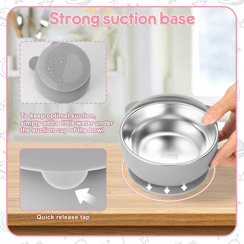 Wesketch 2 Pack Stainless Steel Baby Bowls with Suction, Toddler Bowls with Removable Silicone Shell for Kids, Non-Slip Toddler Baby Feeding Set Dishwasher Safe-Gray & Red