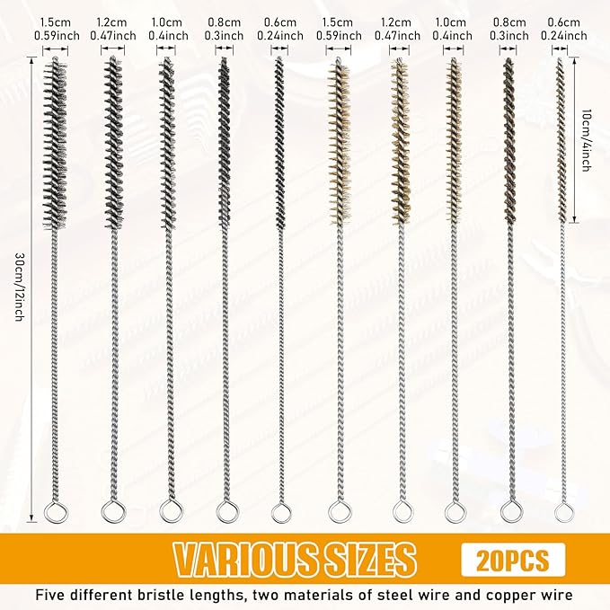 Wire Tube Brushes Bulk for Cleaning Pipe Tube Brass Stainless Steel Round Wire Brush for Auto Parts Christmas, Bottles, Tubes, 5 Sizes(20 Pieces)