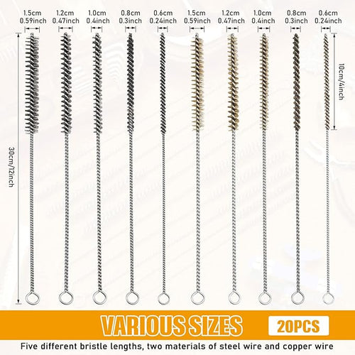 20 Pcs Wire Tube Brushes Bulk for Cleaning Pipe Tube Brass Stainless Steel Round Wire Brush for Auto Parts Christmas, Bottles, Tubes, 5 Sizes (Silver Gold)