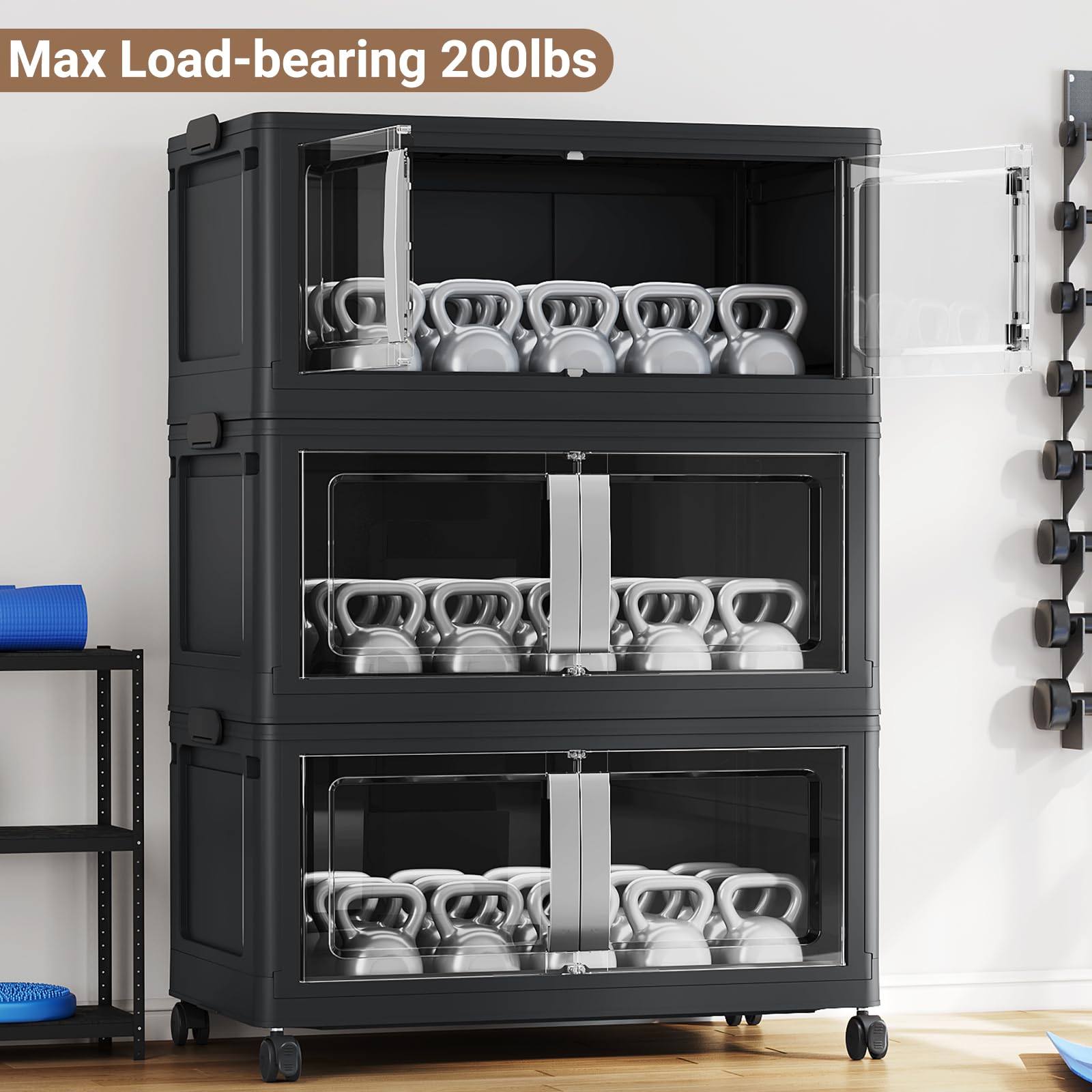 BROVIEW 800QT Stackable Storage Bins with Lids, 200Gal Extra Large Collapsible Storage Box with Wheel, Plastic Storages with Clear Door Open Front for Home Kitchen Garage, Black-5pack(5 lids)