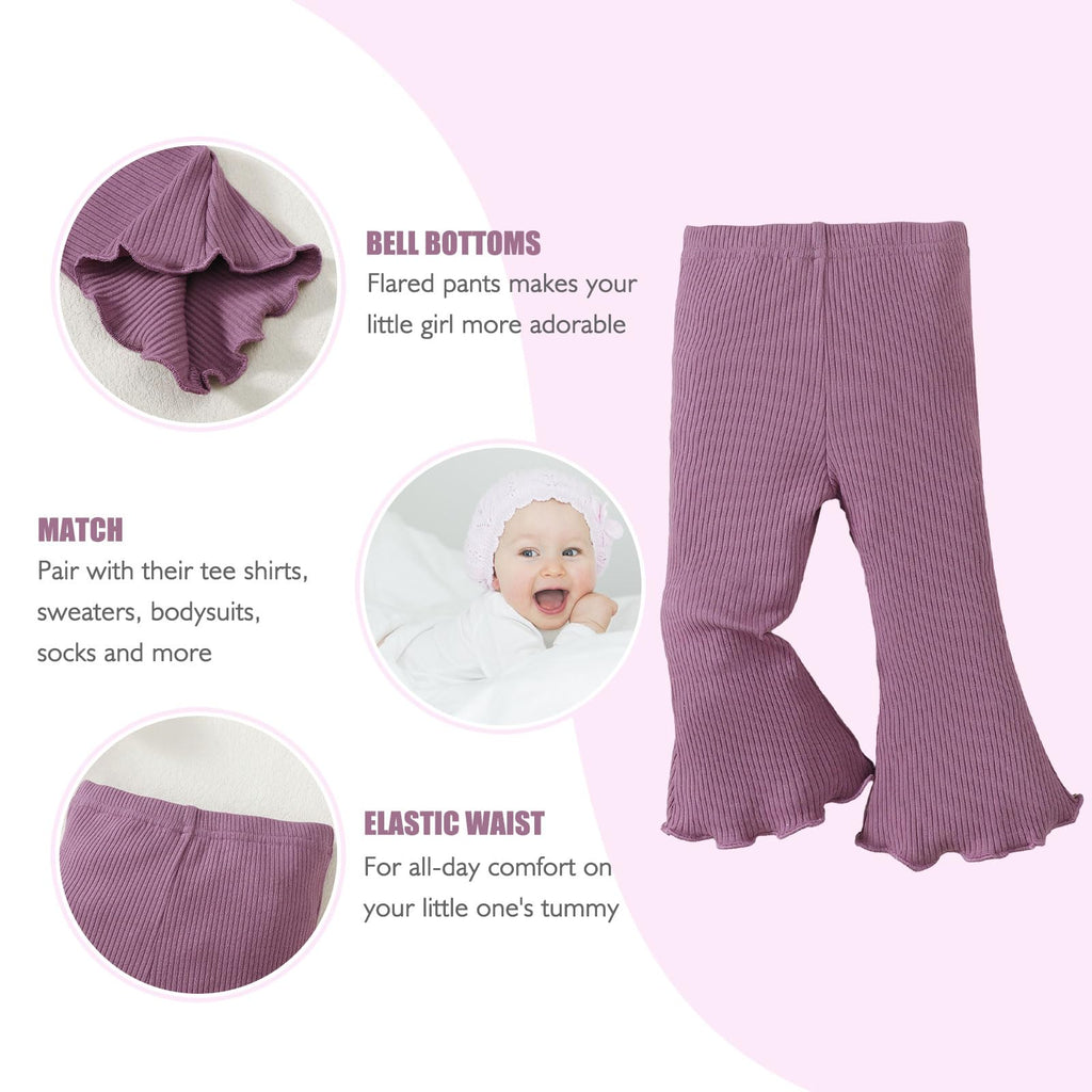 SOBOWO Toddler Baby Girl Flare Pants 3 Pack Solid Ribbed Ruffle Bell Bottoms Pants Fall Outfits(Purple/White/Pink, 9-12 Months)