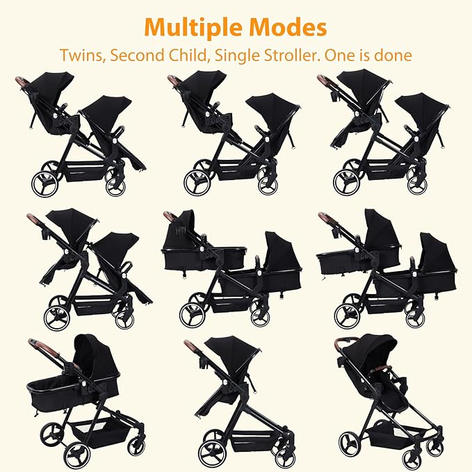 Tandem Double Stroller Newborn and Toddler, Foldable Twin Stroller with Reversible Seat, 5-Point Safety Harness, Adjustable Backrest & Canopy, Storage Basket